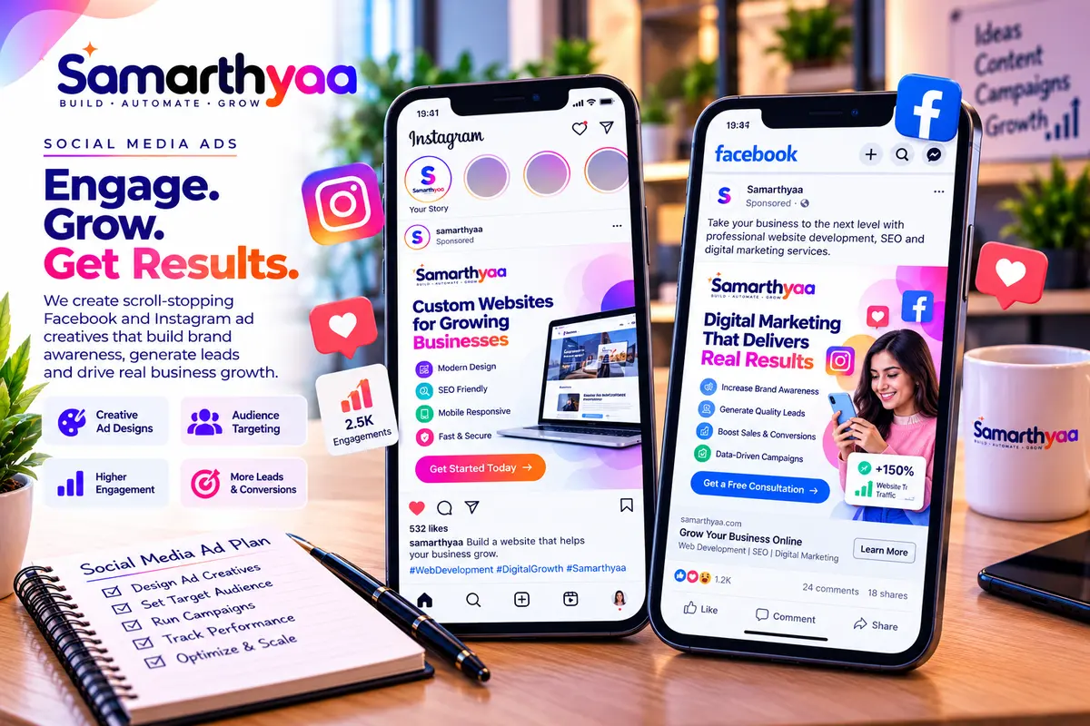 Facebook and Instagram ad creatives shown on two smartphones