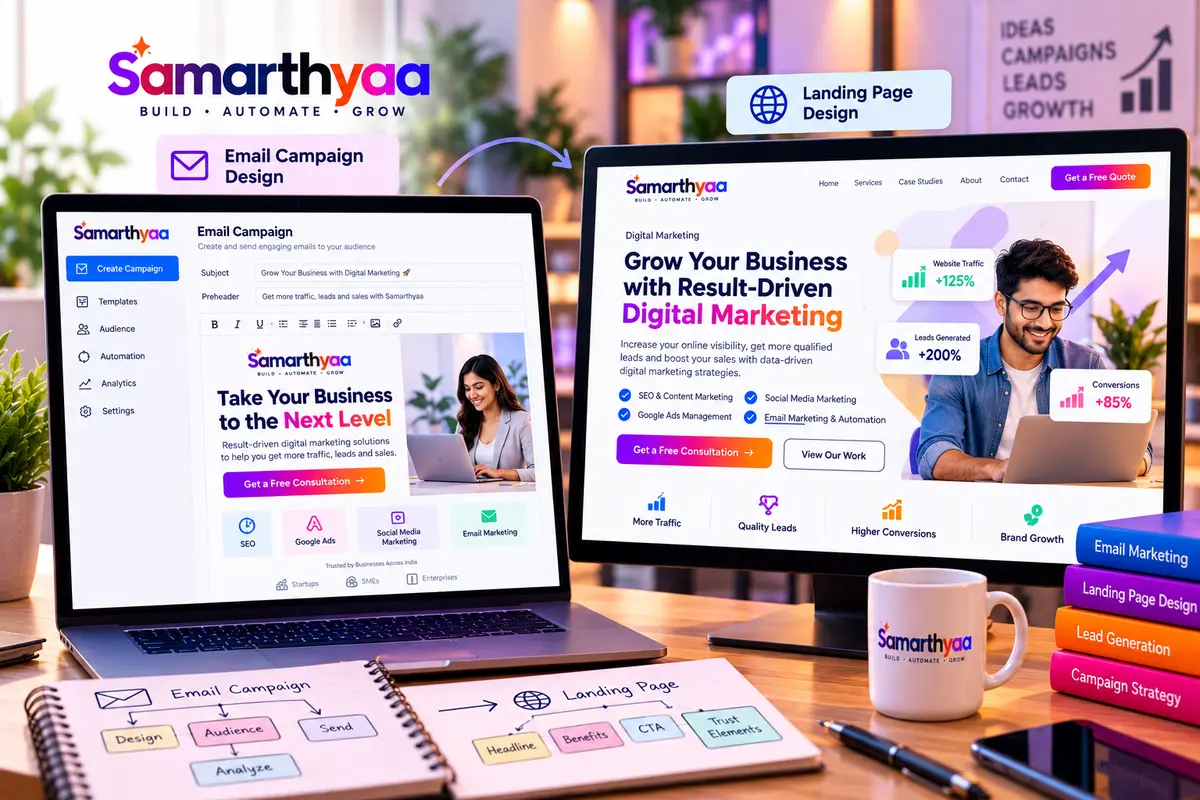 Email campaign template and landing page design shown on two screens