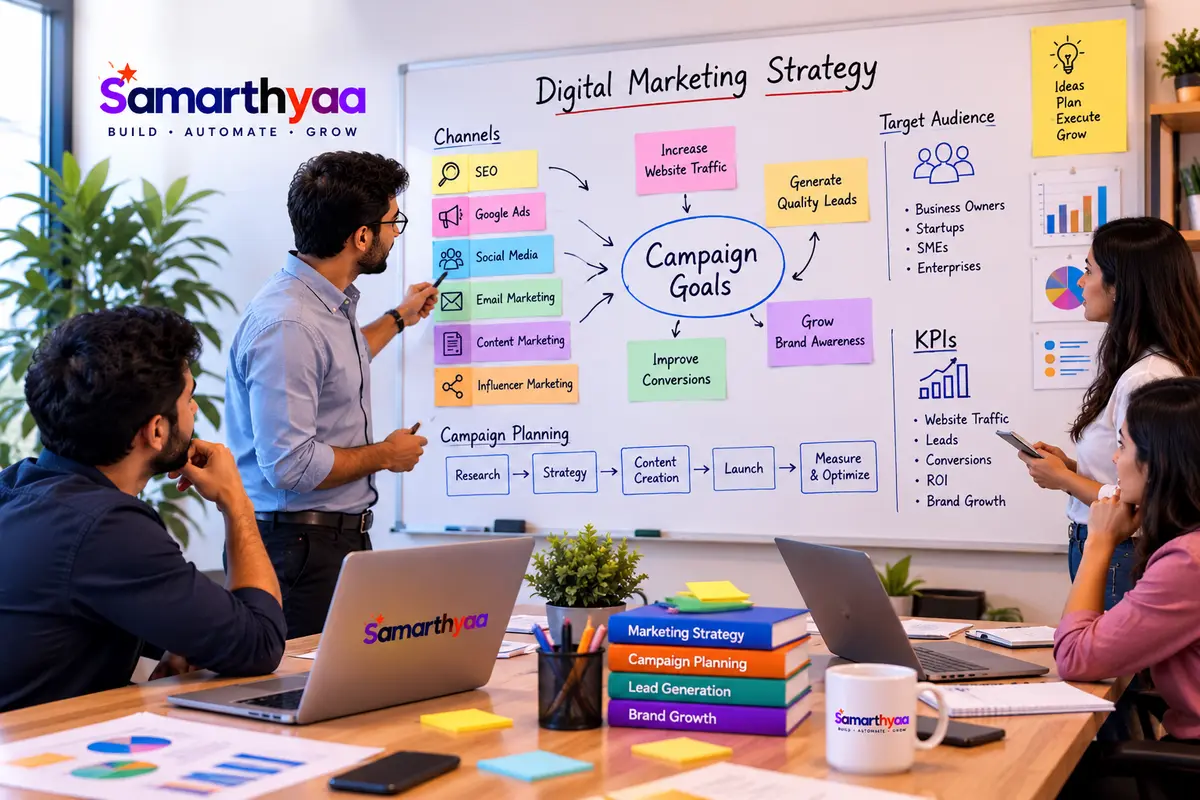 Marketing team mapping campaign channels and goals on a whiteboard