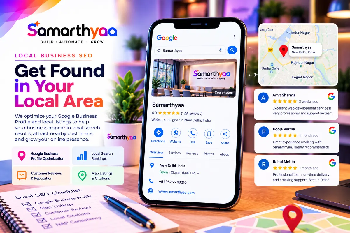Local business listing with a map pin and customer reviews on a phone