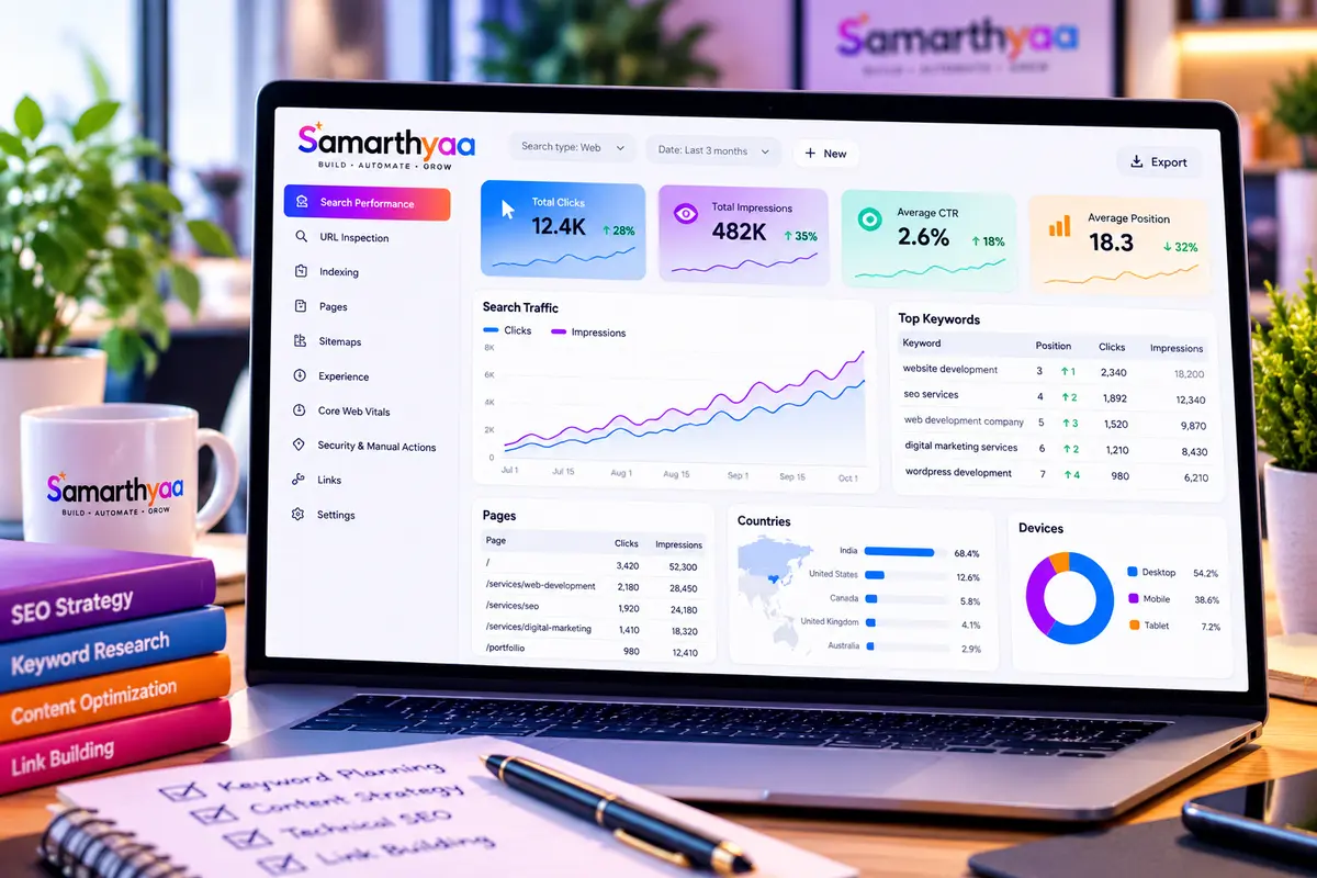 SEO performance report showing search traffic and keyword rankings on a laptop