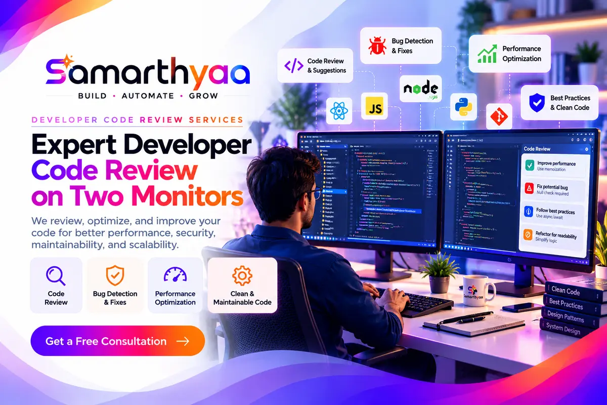 Developer reviewing application code on two monitors