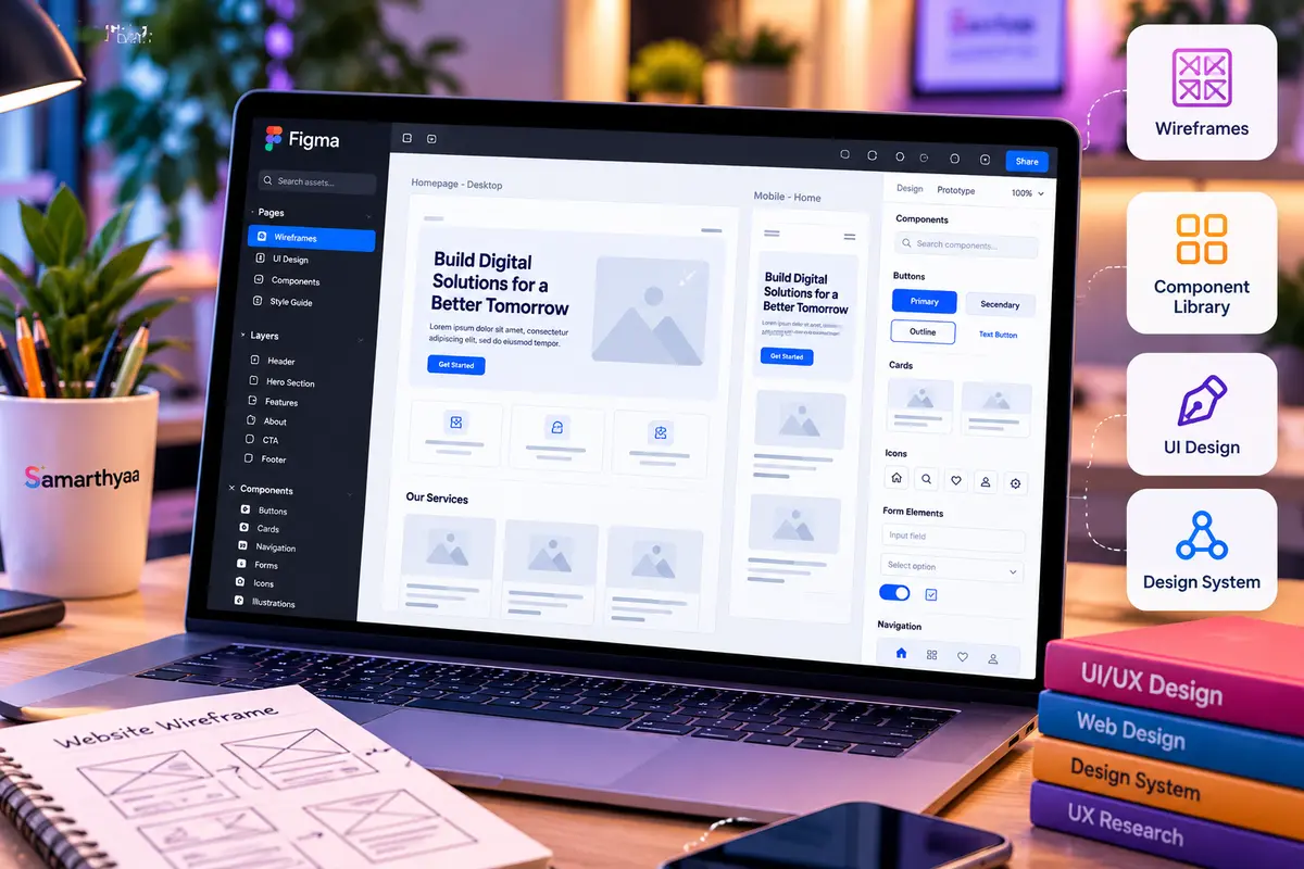 Figma workspace showing wireframes and a component library