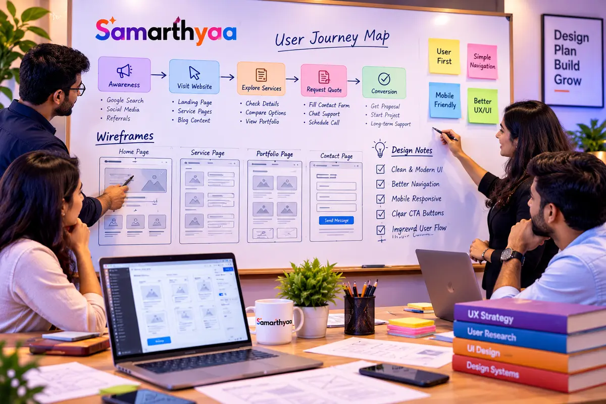 Designers reviewing a user journey map and wireframes on a whiteboard