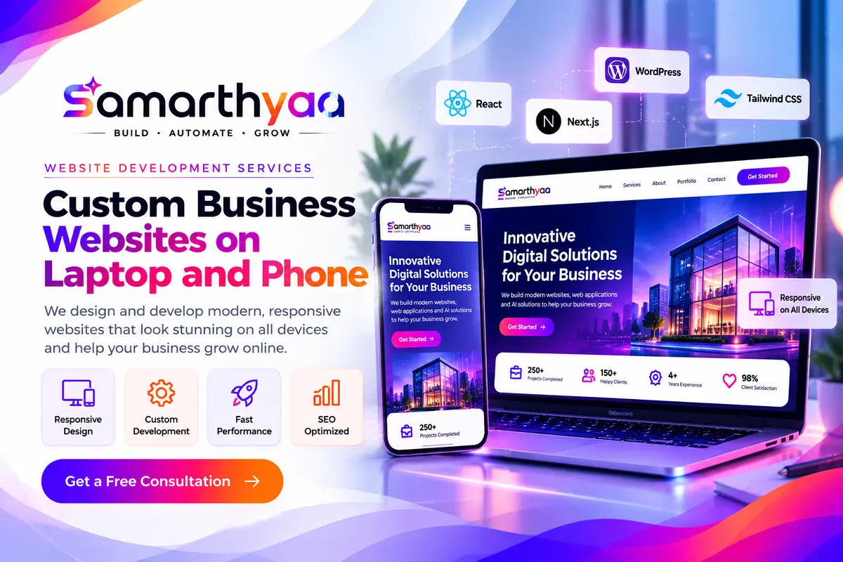 Custom business website displayed on a laptop and a smartphone