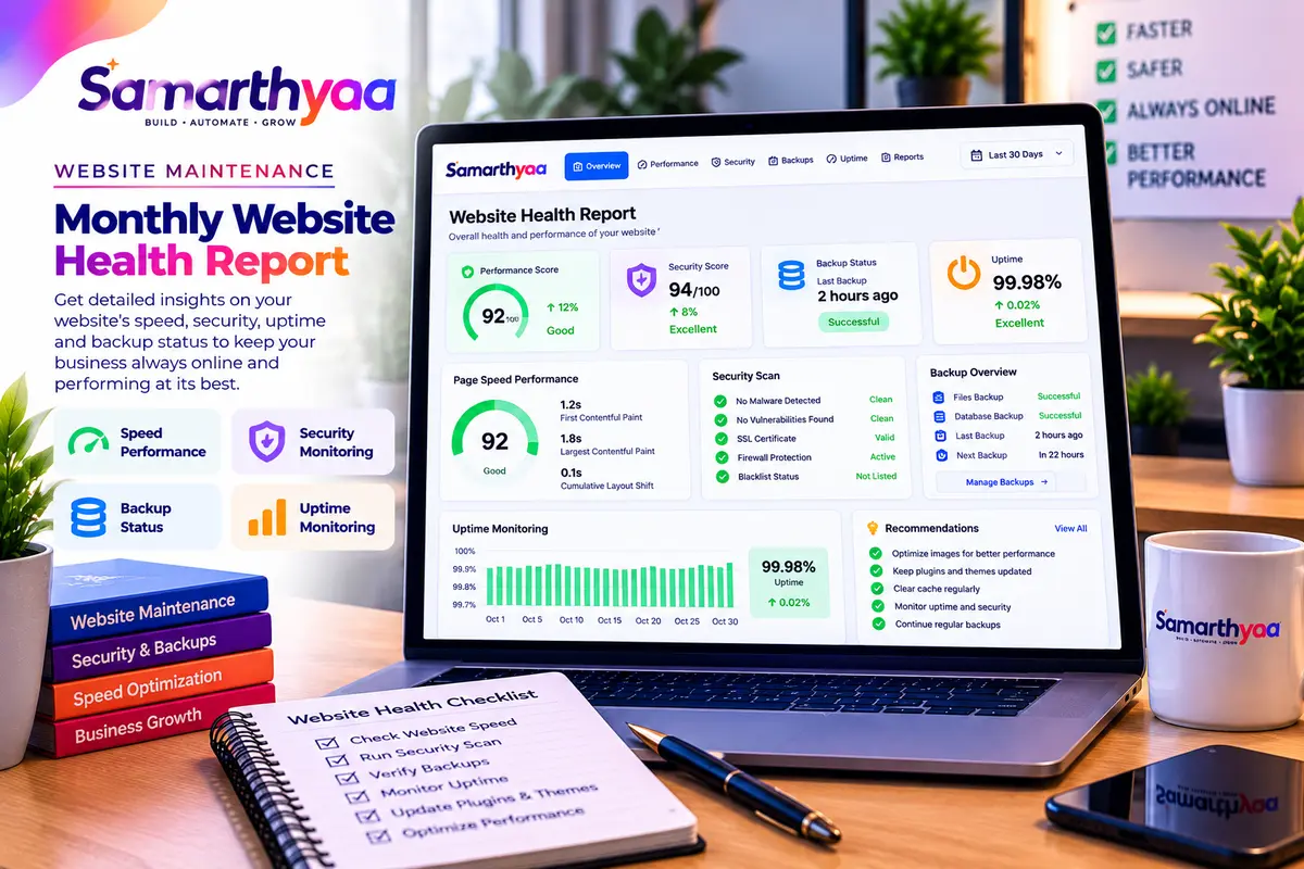 Monthly website health report with speed, security and backup scores on a laptop screen