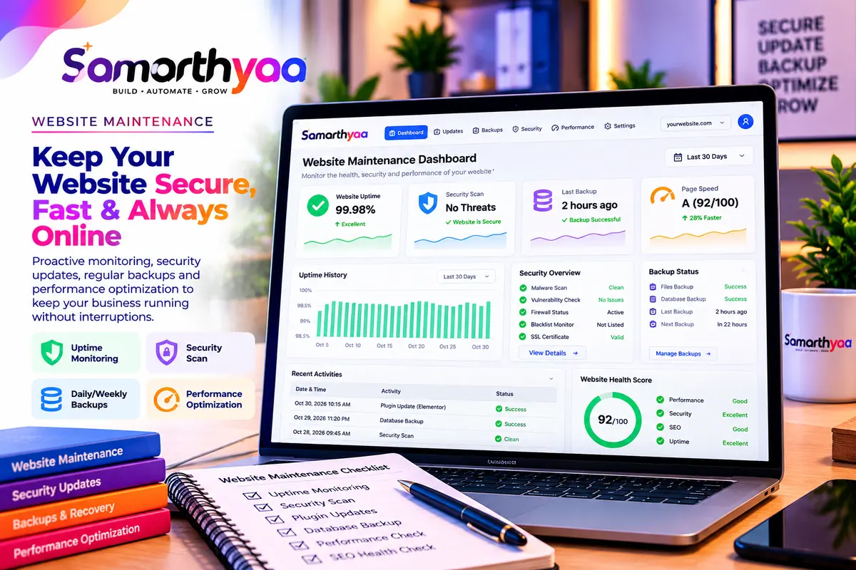 Maintenance dashboard showing uptime, security scan and backup status for a business website
