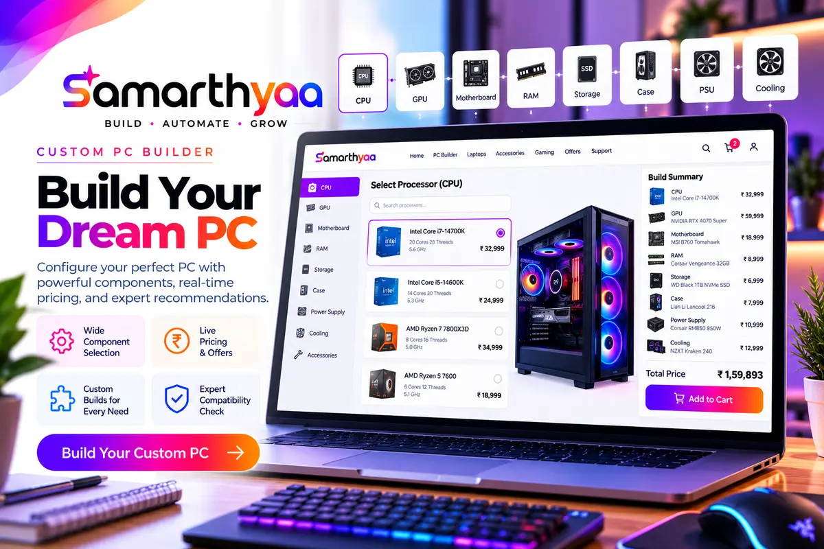 Custom PC builder interface with component selection and live price