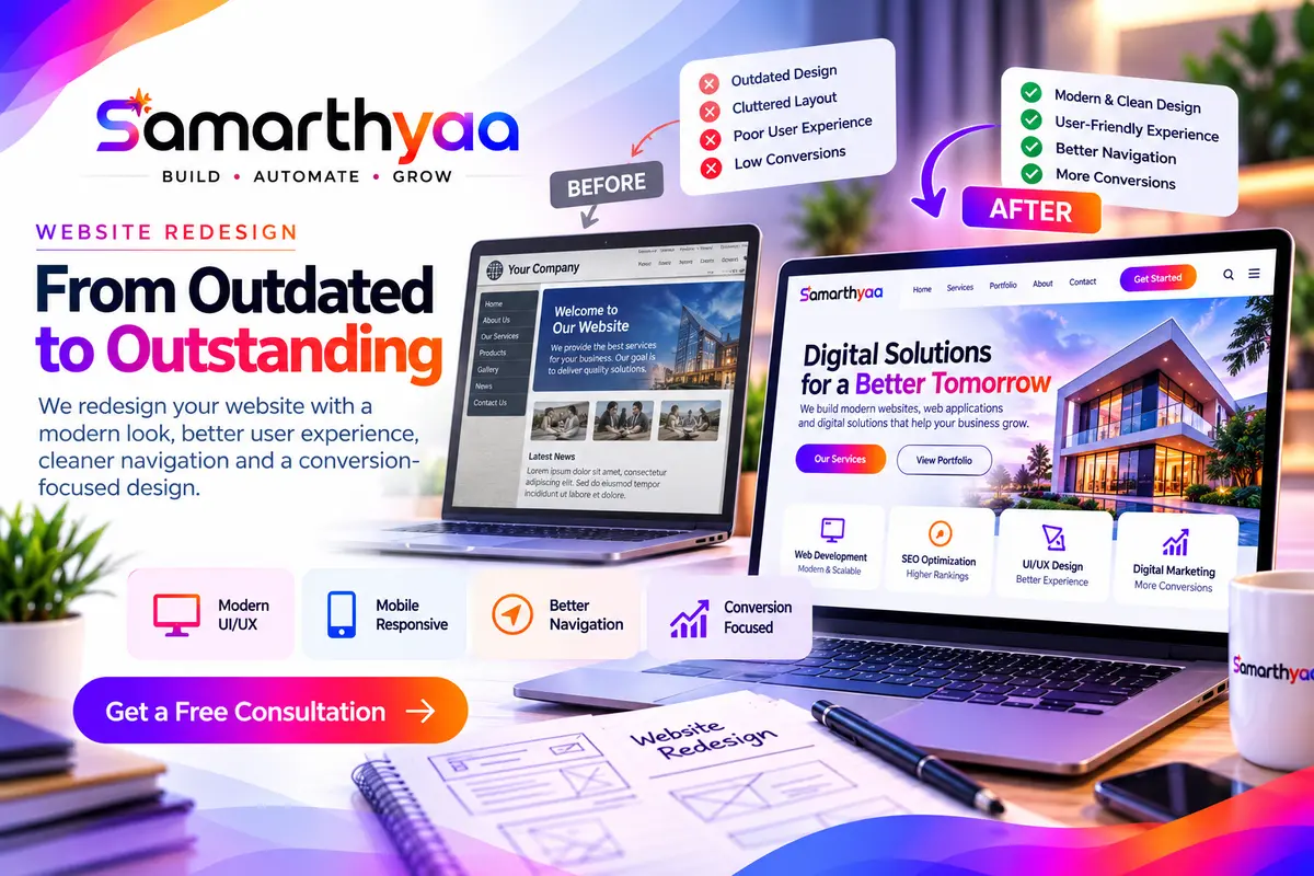 Outdated website layout shown beside its redesigned version on a laptop