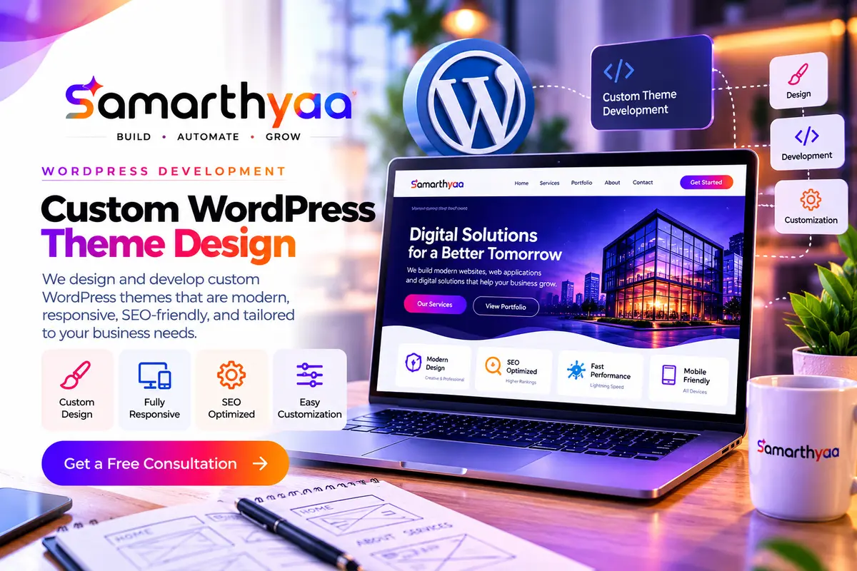 Custom WordPress theme design displayed on a laptop screen
