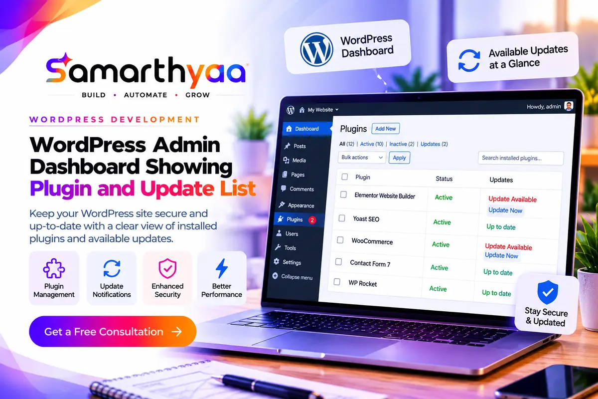 WordPress admin dashboard showing a plugin and update list